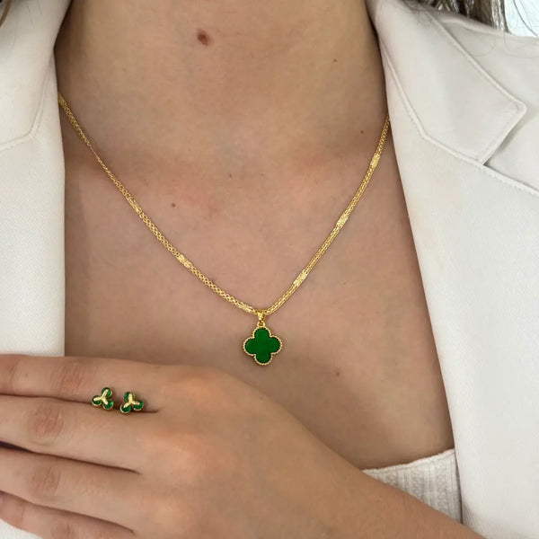 Conjunto De Dama Con Cadena De Tejido Chino Con Destellos De 3mm De Grosor + Dije De Trébol Verde + Topos Esmeralda + Envío Gratis