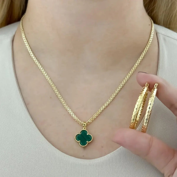 Conjunto De Dama Con Cadena De Tejido Chino De 3mm, Dije De Trébol Verde Y Candongas + Envío Gratis