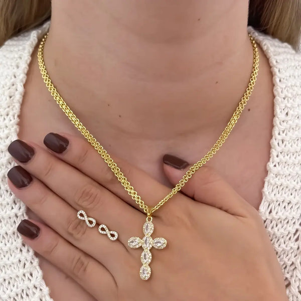 Conjunto De Dama Con Cadena De Tejido Chino, Dije De Cruz Cristal Y Topos De Infinito