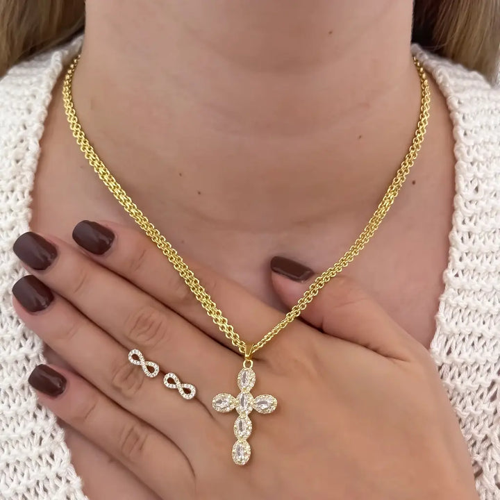 Conjunto De Dama Con Cadena De Tejido Chino, Dije De Cruz Cristal Y Topos De Infinito