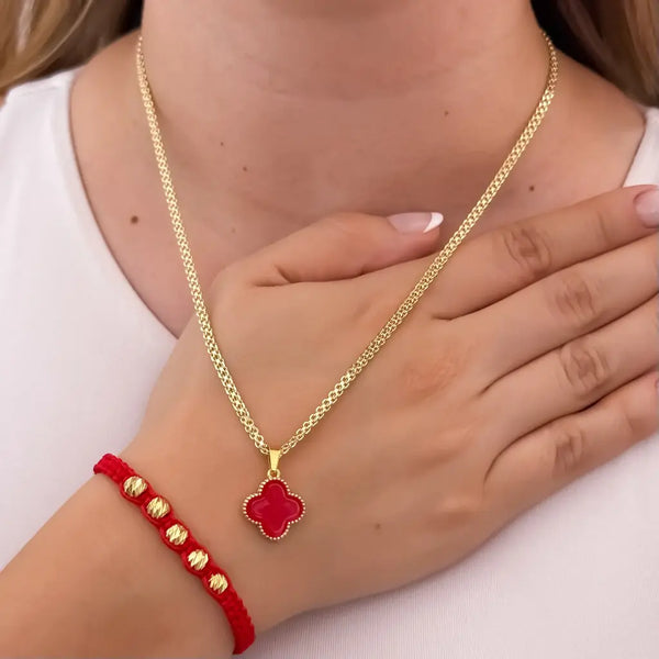 Conjunto De Dama Con Cadena De Tejido Chino, Dije De Trébol Rojo Y Manilla Roja De Balines Italianos