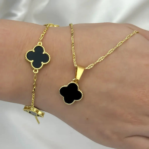 Conjunto De Dama Con Cadena De Tejido Crispeta Con Dije Y Esclava De Tréboles Negros + Envío Gratis