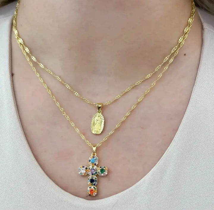 Conjunto De Dama Con Cadena De Tejido Crispeta, Cadena De Tejido Singapur, Dije De Cruz Y Dije De La Virgen D<e Guadalupe