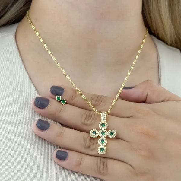 Conjunto De Dama Con Cadena De Tejido Crispeta, Cruz Verde Y Par De Topos Cuadrados + Envío Gratis