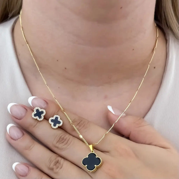 Conjunto De Dama Con Cadena De Tejido Cubana Con Corazón, Dije Y Topos De Trébol Negro