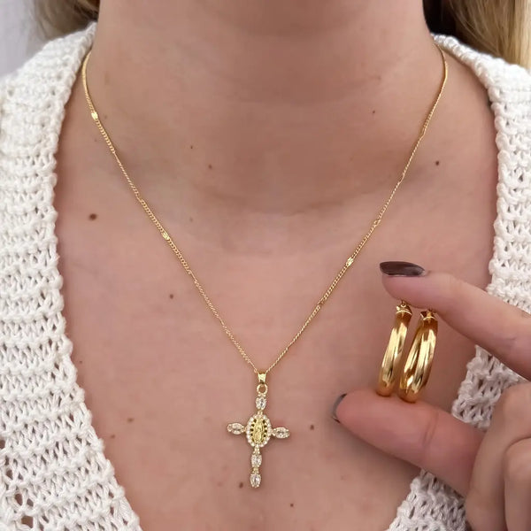 Conjunto De Dama Con Cadena De Tejido Cubana Con Destellos, Dije De Cruz Cristal Y Candongas