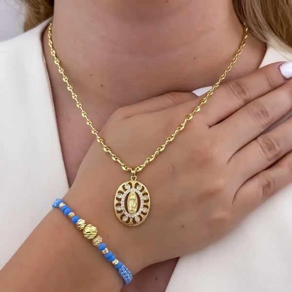 Conjunto De Dama Con Cadena De Tejido Gucci, Dije De La Virgen De Guadalupe Y Manilla