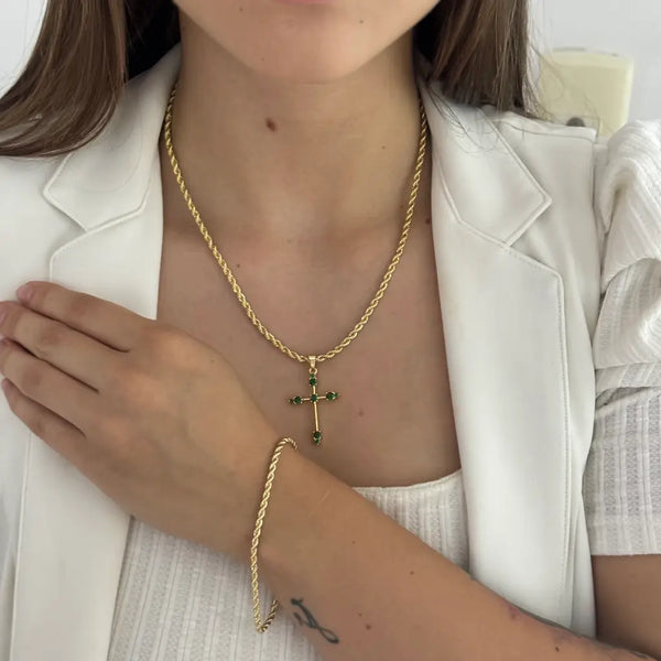 Conjunto De Dama De Tejido Lazo Con Cadena De 50cm-3mm De Grosor + Dije De Cristales Verdes + Pulsera De 20cm-3mm De Grosor + Envío Gratis