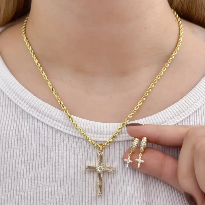 Conjunto De Dama Con Cadena De Tejido Lazo, Dije De Cruz Y Candongas Con Colgantes De Cruz