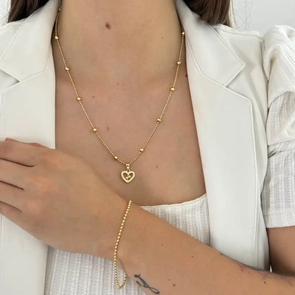 Conjunto De Dama Con Cadena De Tejido Militar Con Balines De 50cm-3mm De Grosor + Dije De Corazón 'Fe' + Pulsera De 50cm-1mm De Grosor + Envío Gratis