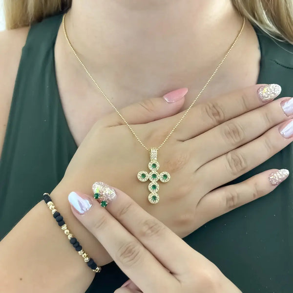 Conjunto De Dama  Con Cadena De Tejido Militar De 1mm, Dije De Cruz, Topos Verdes Y Manilla Negra + Envío Gratis