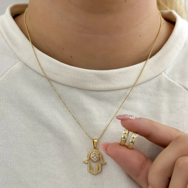 Conjunto De Dama Con Cadena De Tejido Militar, Dije De Mano Jamsa Y Candongas Pequeñas + Envío Gratis