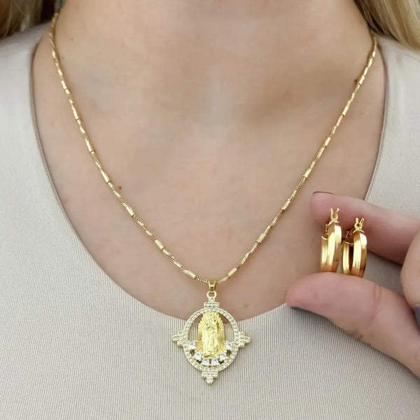 Conjunto De Dama Con Cadena De Tejido Serpiente Rustica, Dije De La Virgen Y Candongas + Envío Gratis