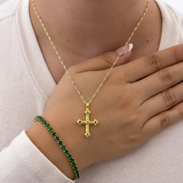 Conjunto De Dama Con Cadena De Tejido Singapur, Dije De Cruz Y Pulsera Tenis Verde