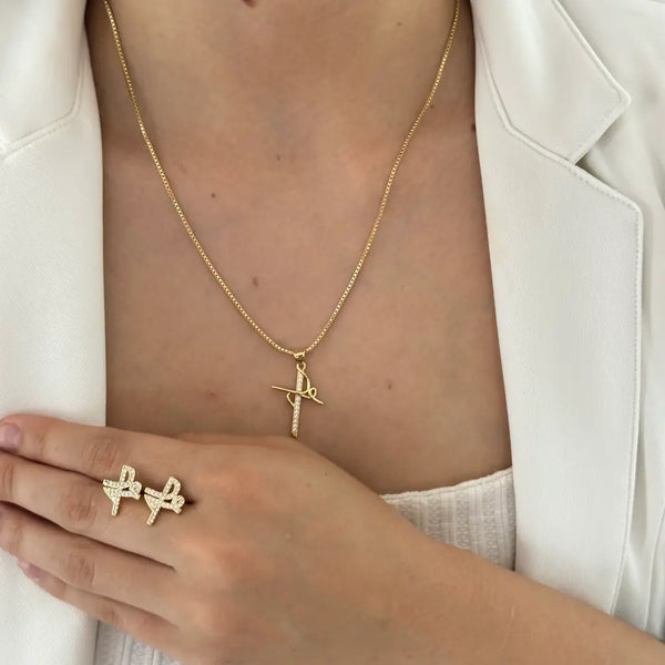 Conjunto De Dama Con Cadena De Tejido Veneciano De 50cm-1mm De Grosor + Dije De Cruz 'Fe' + Topos 'Fe' + Envío Gratis