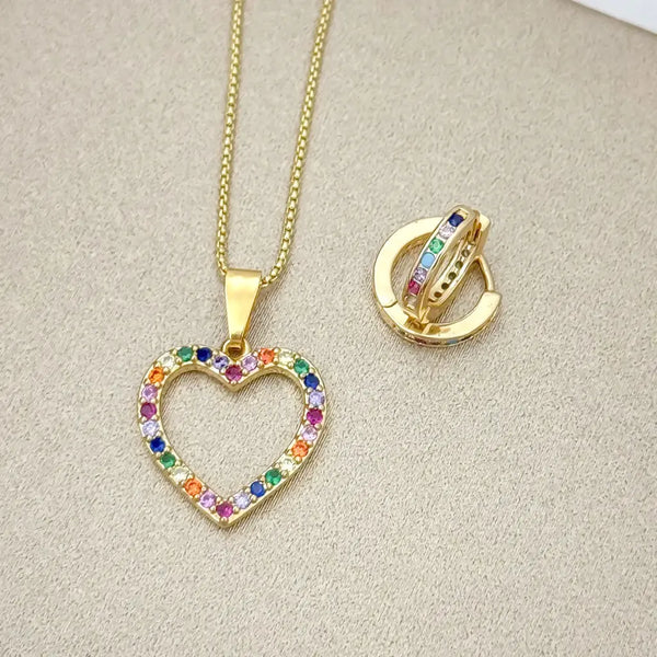 Conjunto De Dama Con Cadena De Tejido Veneciano Y Dije De Corazón Y Candongas De 12mm + Envío Gratis