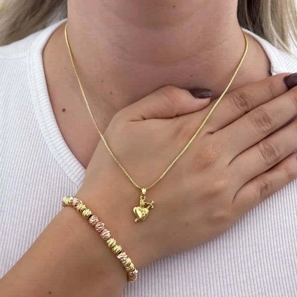 Conjunto De Dama Con Cadena De Tejido Veneciano, Dije De Corazón Y Manilla De Balines Italianos Rosados Y Dorados