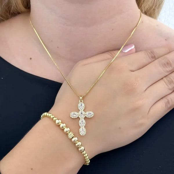 Conjunto De Dama Con Cadena De Tejido Veneciano, Dije De Cruz Cristal Y Manilla