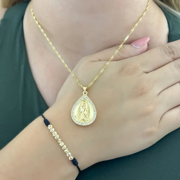 Conjunto De Dama Con Cadena Tejido Singapur, Dije De La Virgen Y Manilla Balines Italianos + Envío Gratis