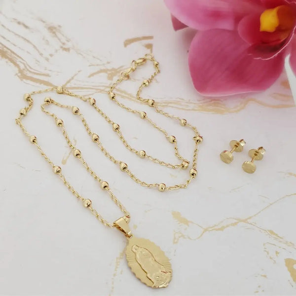 Conjunto De Dama De Cadena De Tejido Aros Con Balines de 50cm-3mm De Grosor + Dije De La Virgen De Guadalupe + Topos