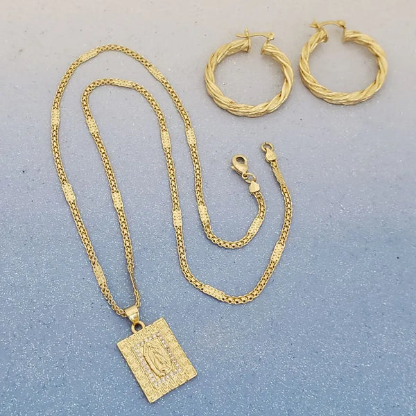 Conjunto De Dama De Cadena De Tejido Chino Con Destellos de 50cm-3mm De Grosor + Dije De La Virgen de Guadalupe + Candongas