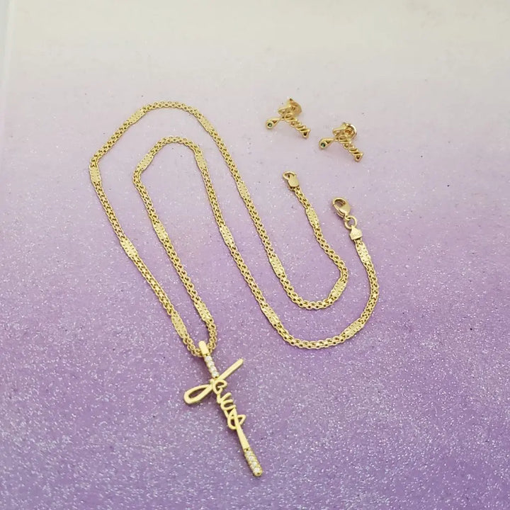Conjunto De Dama De Cadena De Tejido Chino de 50cm-3mm De Grosor + Dije de Cruz 'Jesus' + Topos Jesus