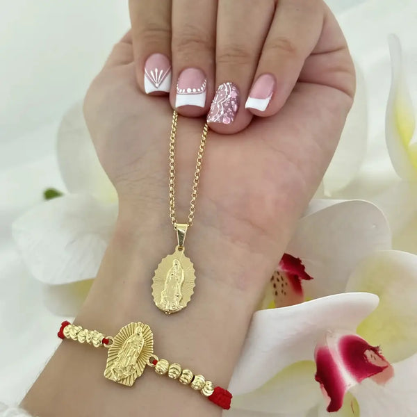Conjunto De Dama De Cadena De Tejido Rolón De 50cm-1mm De Grosor + Dije De La Virgen De Guadalupe + Manilla De Tejido Macramé Con Herraje De La Virgen De Guadalupe