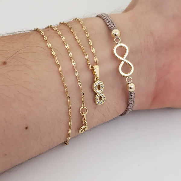 Conjunto De Dama De Cadena de Tejido Crispeta + Dije de Infinito + Manilla De Tejido Macramé Con Balines de 4mm y Herraje de Infinito