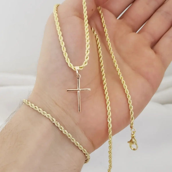 Conjunto De Dama De Tejido Lazo de Cadena De 50cm-3mm De Grosor + Dije de Cruz + Pulsera de 20cm-3mm De Grosor