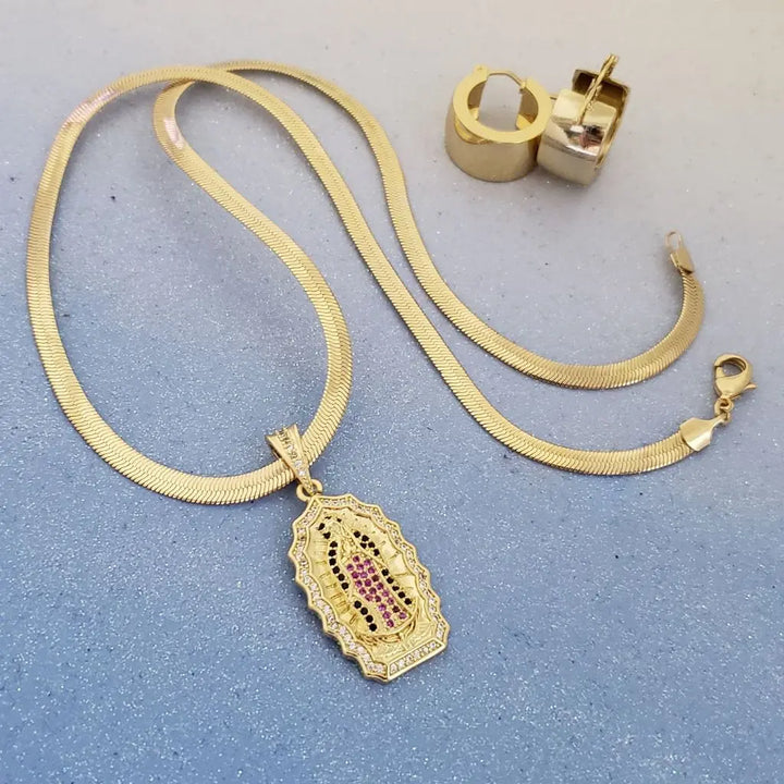 Conjunto De Dama De Tejido Serpiente de 50cm-4mm De Grosor + Dije de La Virgen De Guadalupe + Candongas Gratis
