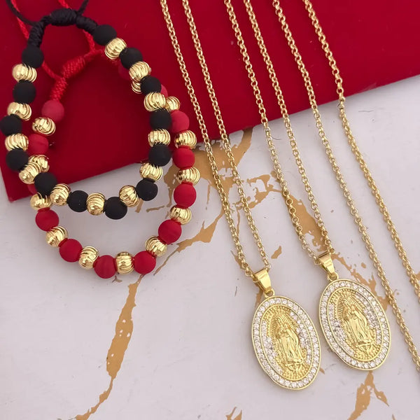 Conjunto Para Parejas Con Cadenas De Tejido Aros Con Dijes De La Virgen De Guadalupe Con Piedras Cristal Y Manillas De Balines Italianos Y Neoprenos
