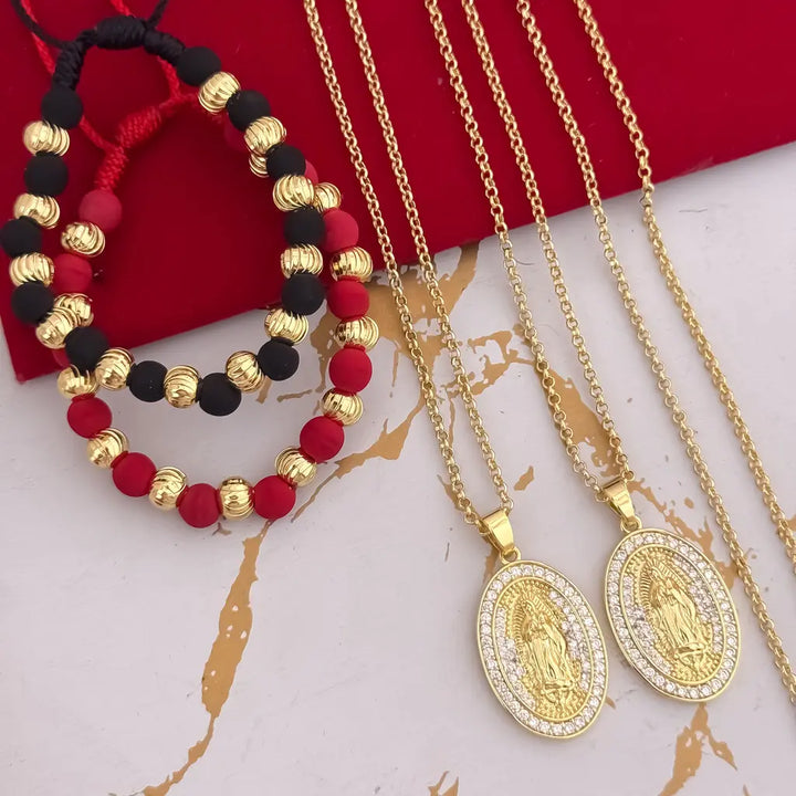 Conjunto Para Parejas Con Cadenas De Tejido Aros Con Dijes De La Virgen De Guadalupe Con Piedras Cristal Y Manillas De Balines Italianos Y Neoprenos