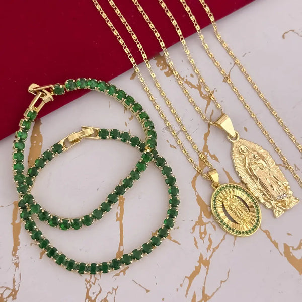 Conjunto Para Parejas Con Cadenas De Tejido Caracol, Dijes De La Virgen De Guadalupe Y Esclavas De Tejido Tenis Verde