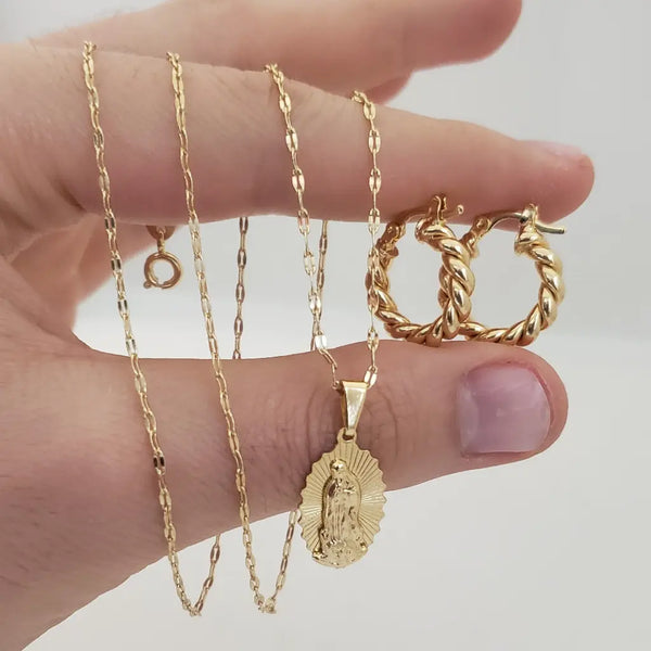 Conjunto De Dama Con Cadena De Tejido Crispeta De 50cm-2mm De Grosor + Dije De La Virgen De Guadalupe + Candongas De 26mm + Envío Gratis