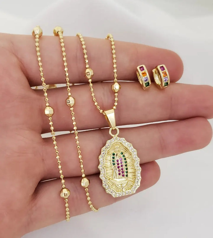 Conjunto De Dama Con Cadena De Tejido Militar Con Balines De 50cm-3mm De Grosor + Dije De La Virgen De Guadalupe + Candongas De 9mm + Envío Gratis