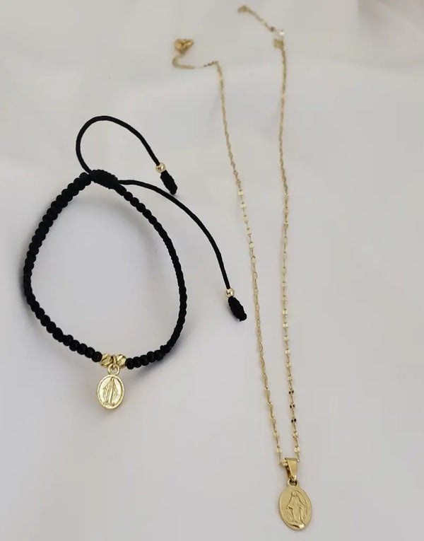 Conjunto de Bebé Con Cadena De Tejido Crispeta + Dije De La Virgen Milagrosa + Manilla Tejido Macramé Con Dije De La Virgen Milagrosa. (Cadena De 40cm-1mm De Grosor)