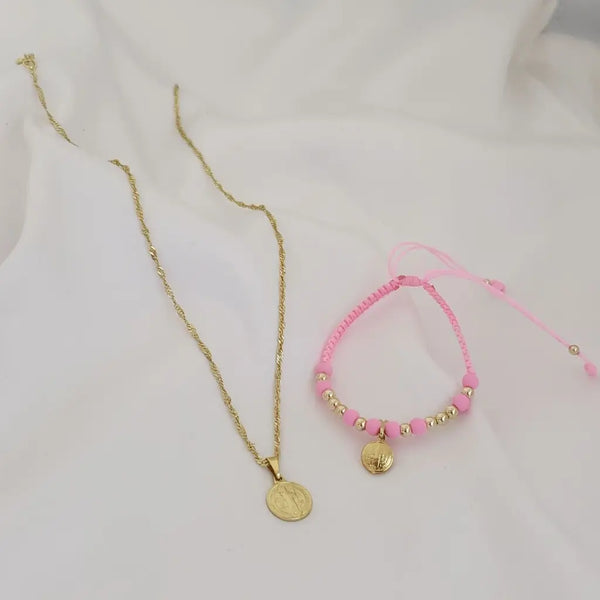 Conjunto de Bebé Con Cadena De Tejido Singapur + Dije De San Benito + Manilla Tejido Macramé Con San Benito. (Cadena De 40cm-1mm De Grosor)