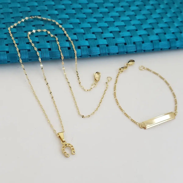 Conjunto de Bebé De Cadena De Tejido Crispeta + Dije De Herradura + Pulsera De Tejido Cartier Fina Con Placa. (Cadena de 40cm-1mm De Grosor, Pulsera de 15cm-1mm De Grosor)