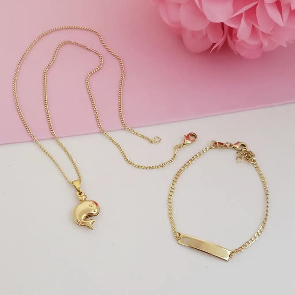 Conjunto de Bebé De Cadena De Tejido Cubana + Dije De Ballena + Pulsera De Tejido Cubana Con Placa. (Cadena de 40cm-2mm De Grosor, Pulsera de 15cm-2mm De Grosor)