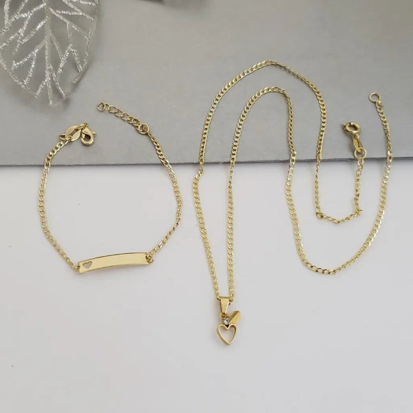 Conjunto de Bebé De Cadena De Tejido Cubana + Dije De Corazón + Pulsera De Tejido Cubana Con Placa. (Cadena de 40cm-2mm De Grosor, Pulsera de 15cm.2mm De Grosor)