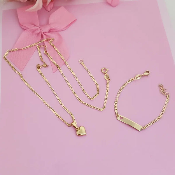 Conjunto de Bebé De Cadena De Tejido Escalera + Dije De Corazón + Pulsera De Tejido Escalera Con Placa. (Cadena de 40cm-3mm De Grosor, Pulsera de 15cm-3mm De Grosor)