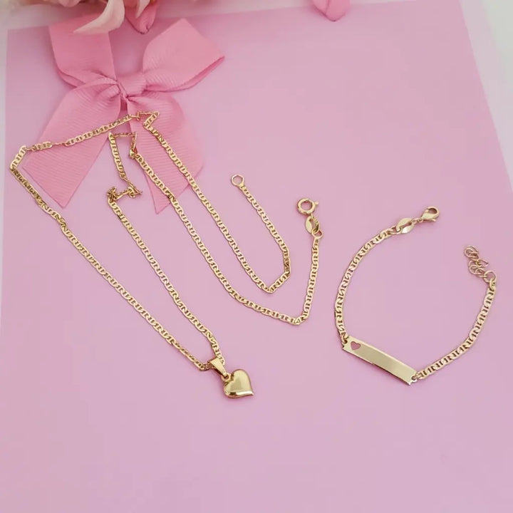 Conjunto de Bebé De Cadena De Tejido Escalera + Dije De Corazón + Pulsera De Tejido Escalera Con Placa. (Cadena de 40cm-3mm De Grosor, Pulsera de 15cm-3mm De Grosor)