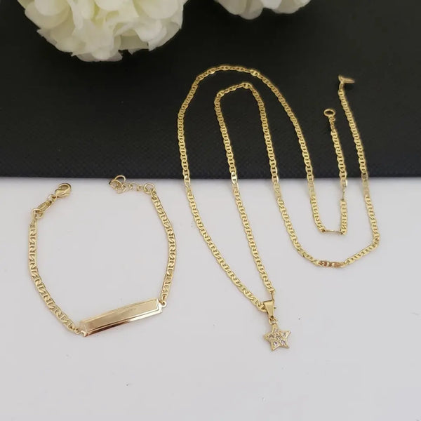 Conjunto de Bebé De Cadena De Tejido Escalera + Dije De Estrella + Pulsera De Tejido Escalera Con Placa. (Cadena de 40cm-3mm De Grosor, Pulsera de 15cm-3mm De Grosor)