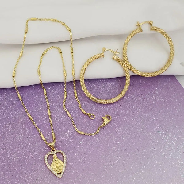 Conjunto de Dama Cadena Tejido Aros Con Cilindros + Dije de La Virgen Milagrosa