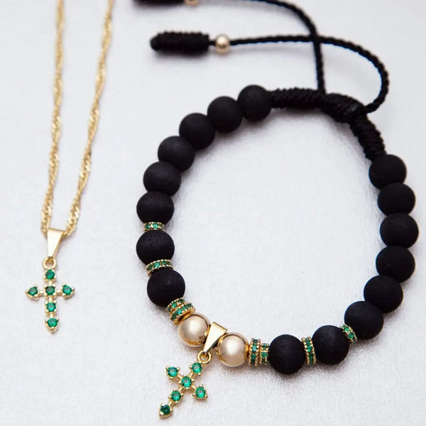 Conjunto de Dama De Cadena Tejido Singapur + Dije De Cruz Verde + Manilla de Dije De Cruz