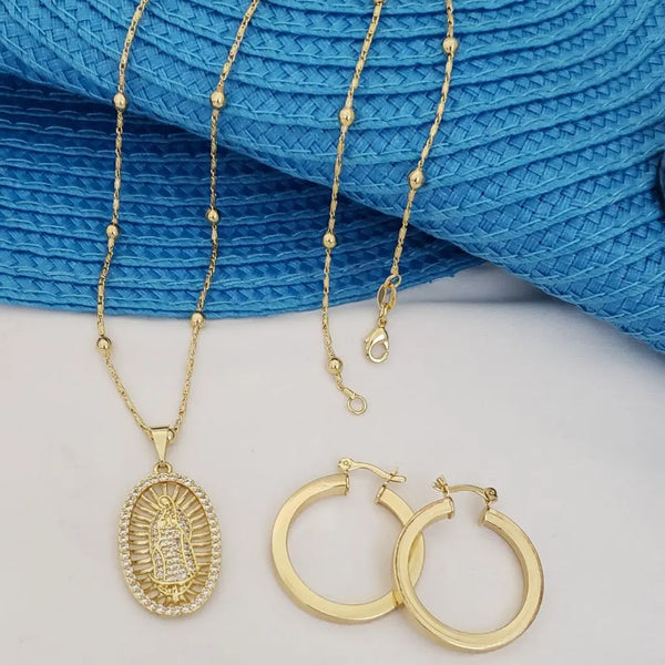 Conjunto de Dama De Tejido Caracol Con Balines de 4mm De Grosor + Dije de La Virgen Milagrosa + Candongas de 30mm