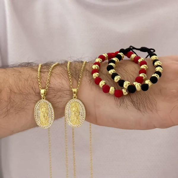 Conjuntos Para Parejas Con Cadenas Caracol, Dijes De La Virgen De Guadalupe Cristal Y Par De Manillas De Balines Y Neoprenos