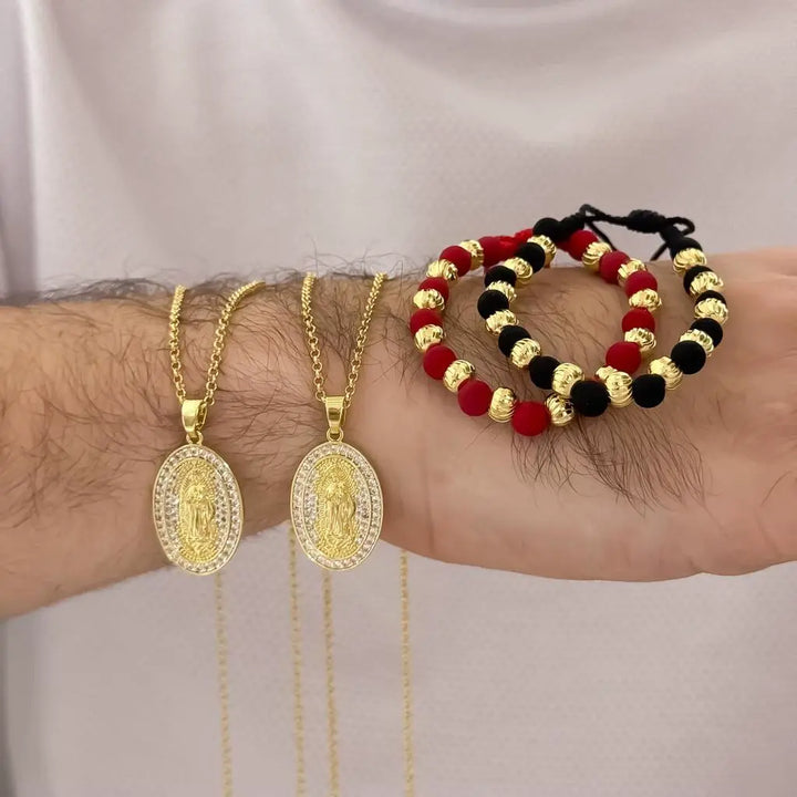 Conjuntos Para Parejas Con Cadenas Caracol, Dijes De La Virgen De Guadalupe Cristal Y Par De Manillas De Balines Y Neoprenos