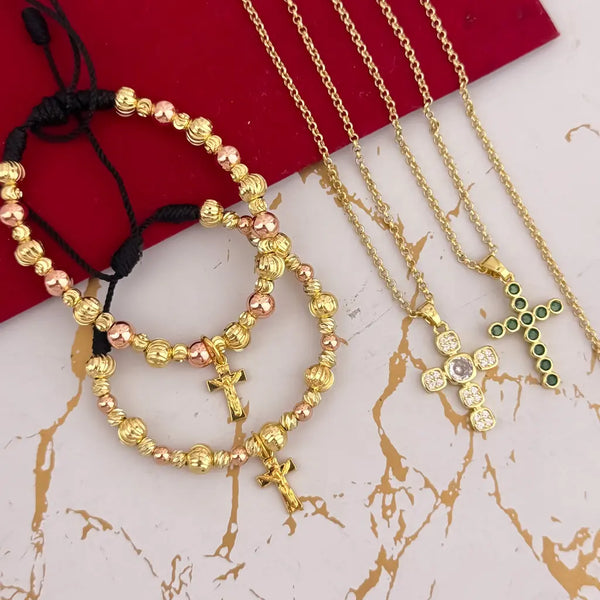 Conjuntos Para Parejas Con Cadenas De Tejido Aros, Dijes De Cruces Y Manillas Italianos Con Balines Rosas Y Dijes De Cruces