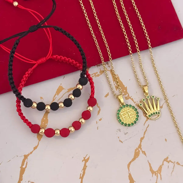 Conjuntos Para Parejas Con Cadenas De Tejido Aros, Dijes De Fe, Corona Rolex Y Par De Manillas De Balines Y Neoprenos Rojos Y Negros